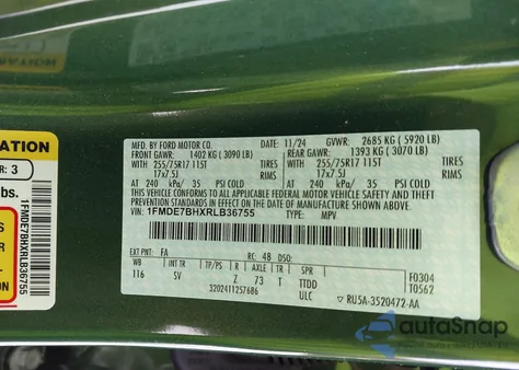 2024 Ford Bronco Big Bend z USA, uszkodzony, nr VIN 1FMDE7BHXRLB36755